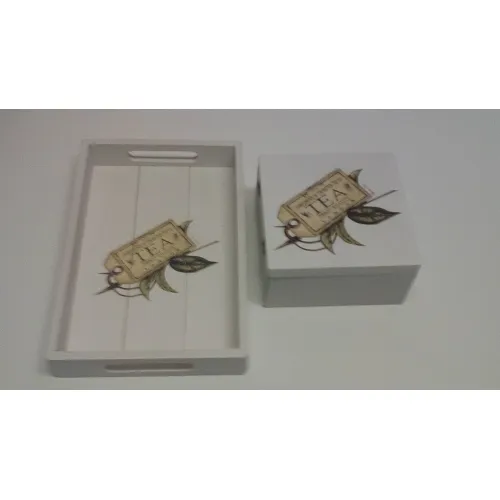 Houten set theedoos 4 vakjes en Houten dienblad